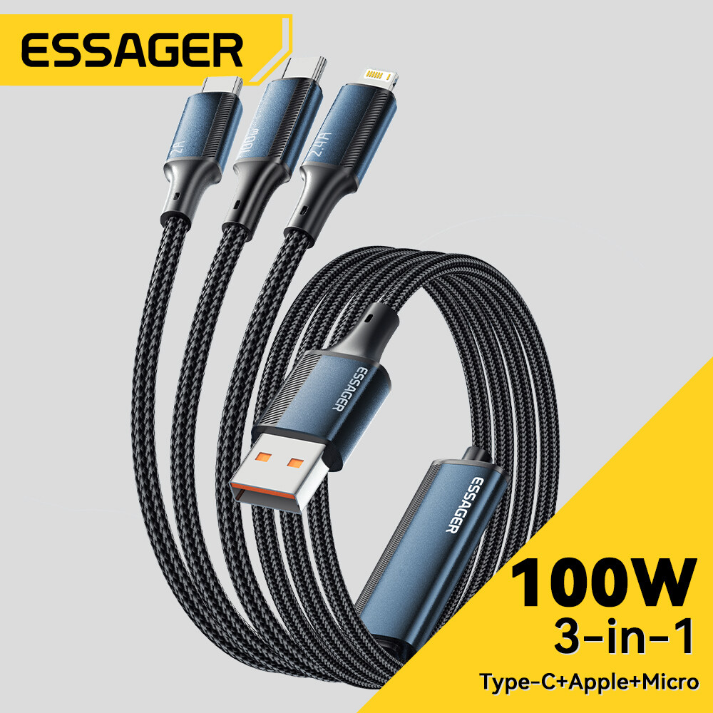 Essager 7A 100W 3 trong 1 loại USB C cáp nhanh Micro dây cho Iphone 14 13 Pro Max Samsung Xiaomi Huawei Mate 60 Pro POCO Oneplus Realme điện thoại di động dây dữ liệu