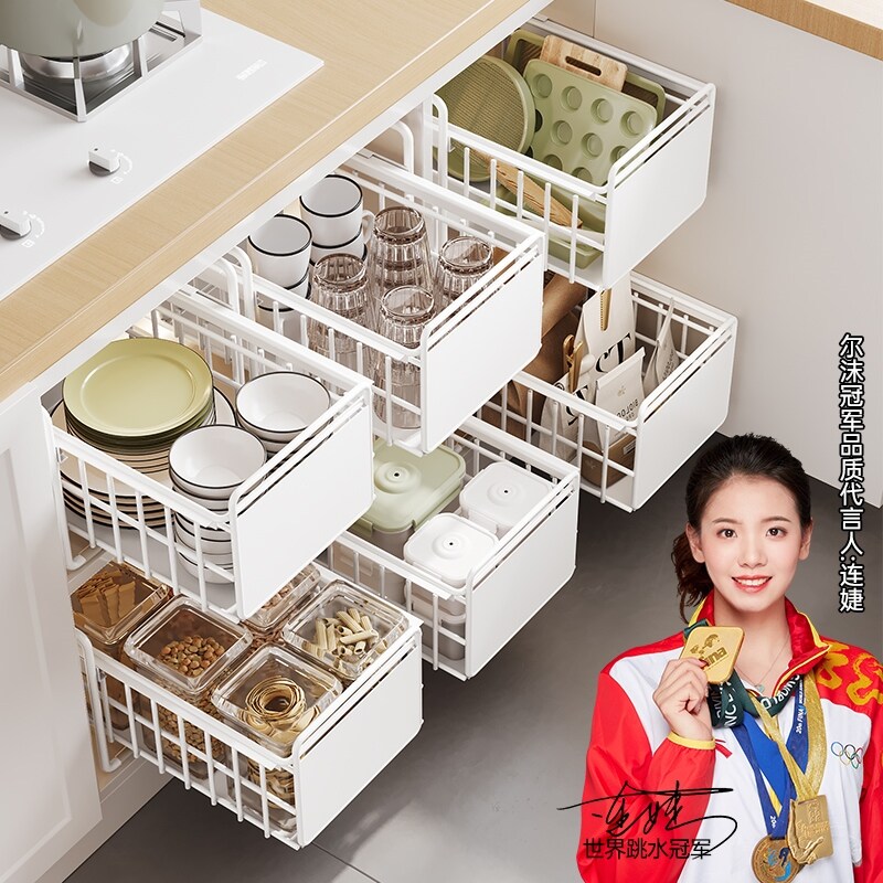 Gambar Kitchen cabinet shelf pull basket household smoke pull dishes separated receive a kitchen drawer plate glass tableware frame