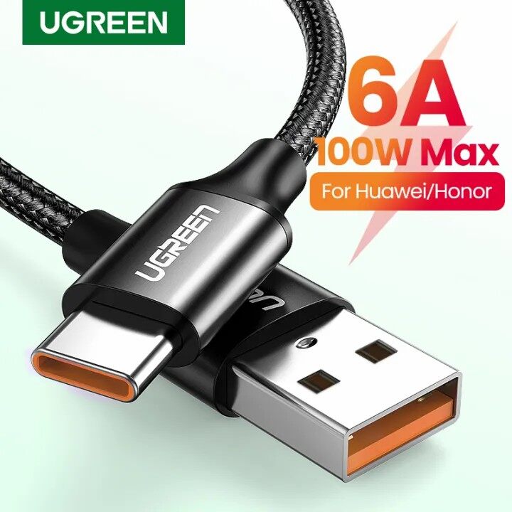 Ugreen 100w 6a nylon bện loại c cáp siêu nạp loại usb c cáp cho huawei p60/p50/p40/p30 pro/p20/ p20 pro/ p10/p10 pro/mate 60 pro/mate 50/mate 20 pro/honor siêu sạc usb c cáp