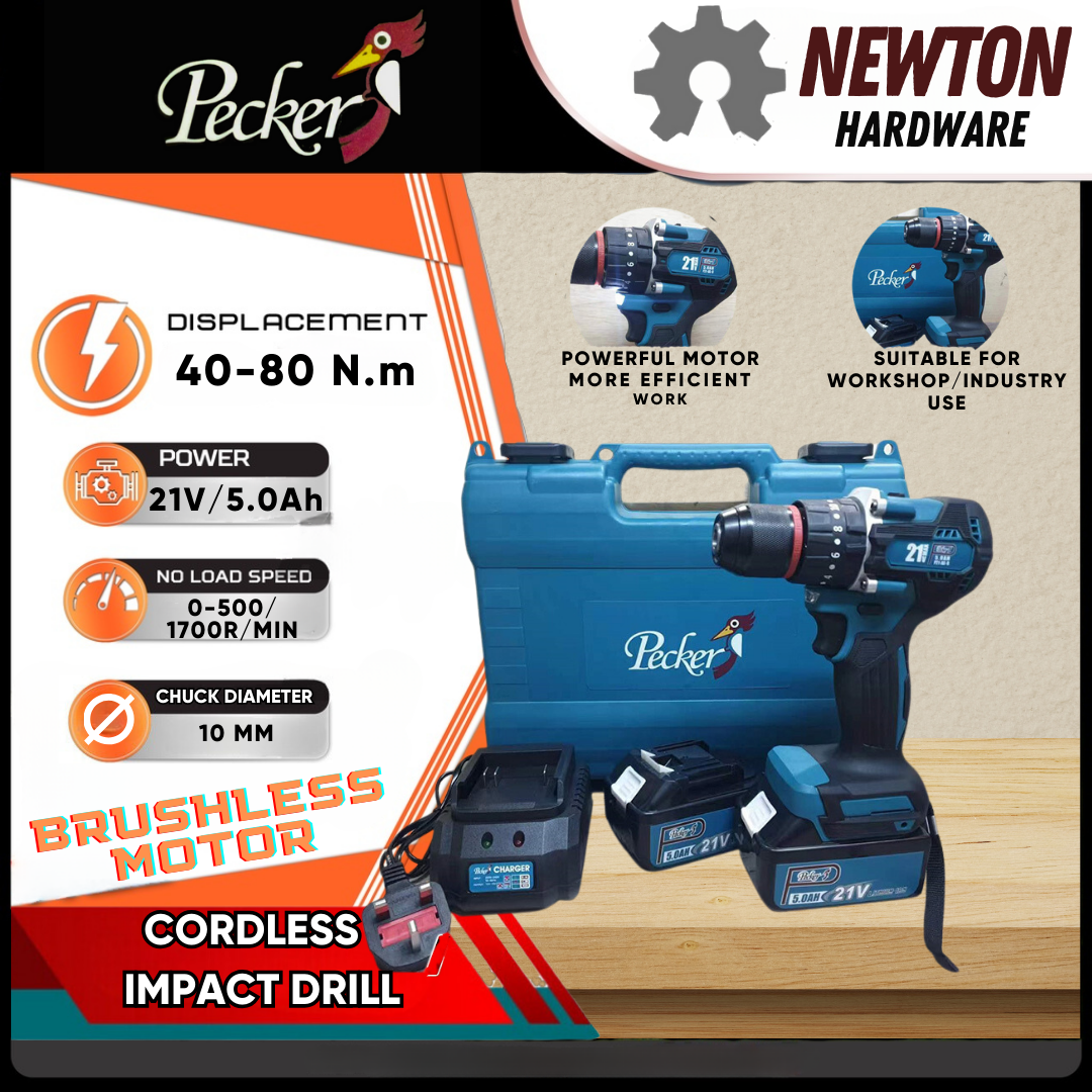 ''PECKER'' BRUSHLESS CORDLESS IMPACT DRILL C/W 2X 5.0AH BATTERY & CHARGER -21V / 1700/min / 10MM Harga  280 Ringgit*Penghantaran Percuma