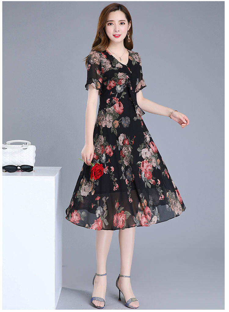 2012 new dress women's summer dress large size printed skirt big brand high-end temperament floral mother Medium-length dress