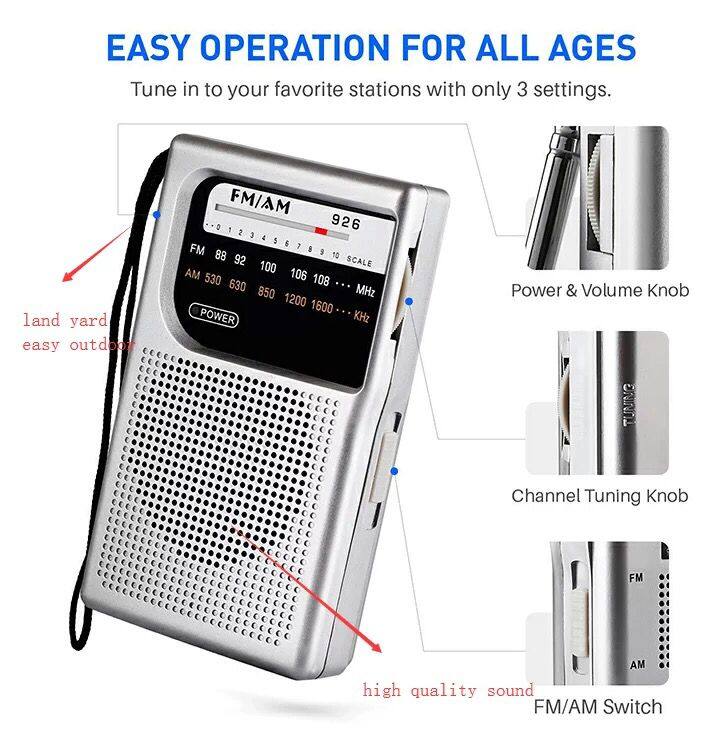 2AA Battery Powered with Long Range Reception for Indoor Black Outdoor and Emergency Use Radio with Speaker and Headphone Jack Portable Radio AM/FM 