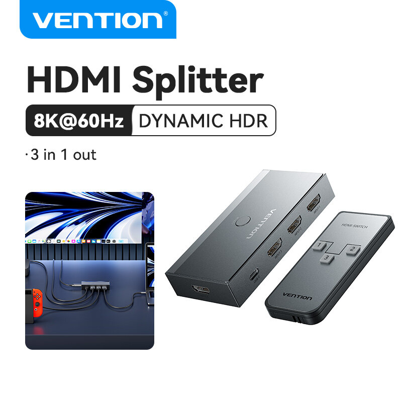 Vention HDMI Splitter Adapter 8K 3 in 1 Out HDMI Switch HDMI Multiport Port Hub HDMI Spliter Audio & Video Sync For Laptop XBOX 360 PS4 PS3 Monitor Projector Smart Android TV 8K HD HDMI Switcher