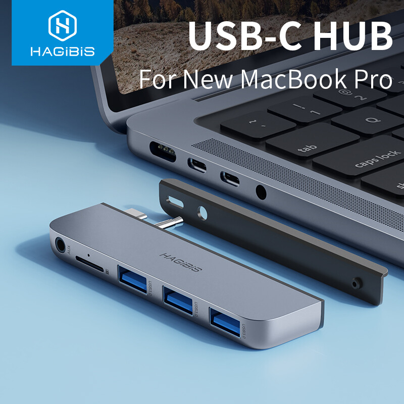 Hagibis hub usb c cho macbook pro 2021 mới trạm sạc type-c bộ chuyển đổi usb c với usb 3.0 micro sd 3.5mm cổng aux 14/16 inch