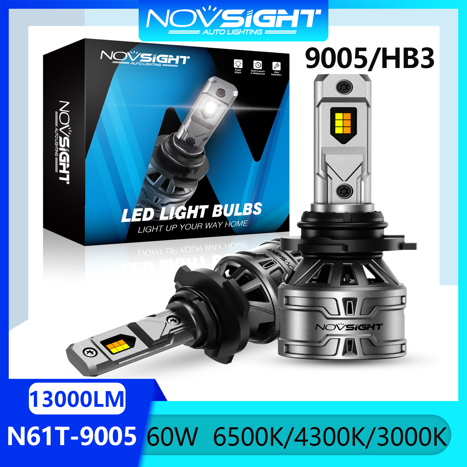 Novsight N61T HB3 9005 LED Headlight Bulb 6500K/4300K/3000K 3 Color Temperature LED Lights for Car High/Low Beam 60W 13000LM Plug&Play Ready Stock 2 PCS 2 Years Warranty Free Shipping Giá 635,040 Đồng*Miễn phí vận chuyển
