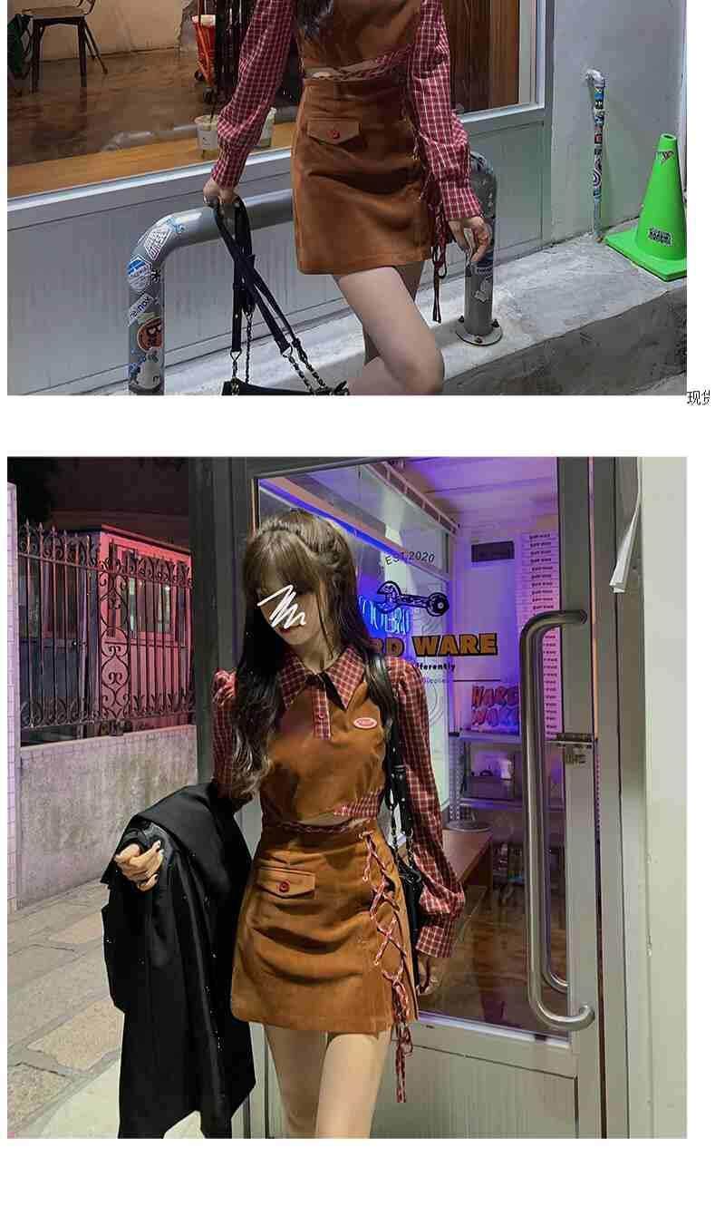 Niche design stitching plaid top hot girl tied top short skirt two-piece set 2021 New fall women's clothing