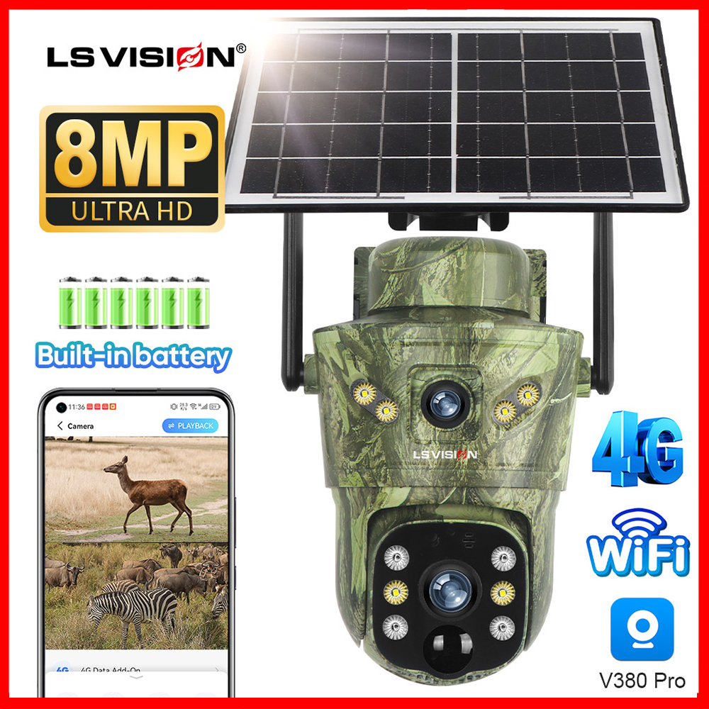 LS VISION V380 8MP 4G/WIFI Dual Lens CCTV Solar Camera Outdoor Waterproof PIR +Ai Humanoid Automatic Tracking PTZ Solar Battery Camera Wireless Two-way Voice Security IP Camera for Garden Yard Farms ราคา 1,281 บาท*ส่งฟรี