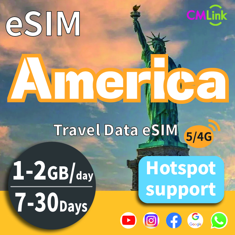 America (The USA) Data eSIM Card with Unlimited (7-30Days, 1GB/2GB Daily High-Speed Data+Hotspot+Top-Up,QR Code Sent to Your Email) ราคา 699 บาท*ส่งฟรี