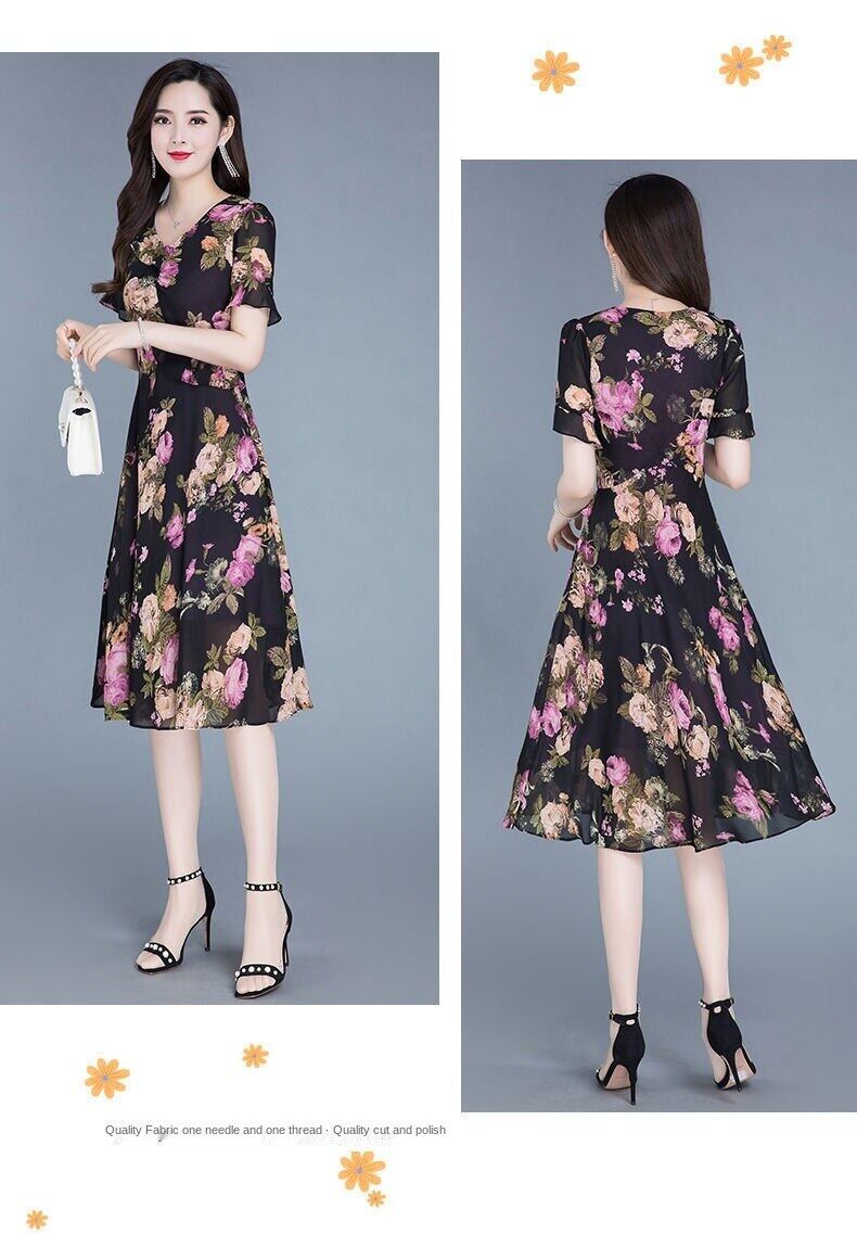 2012 new dress women's summer dress large size printed skirt big brand high-end temperament floral mother Medium-length dress