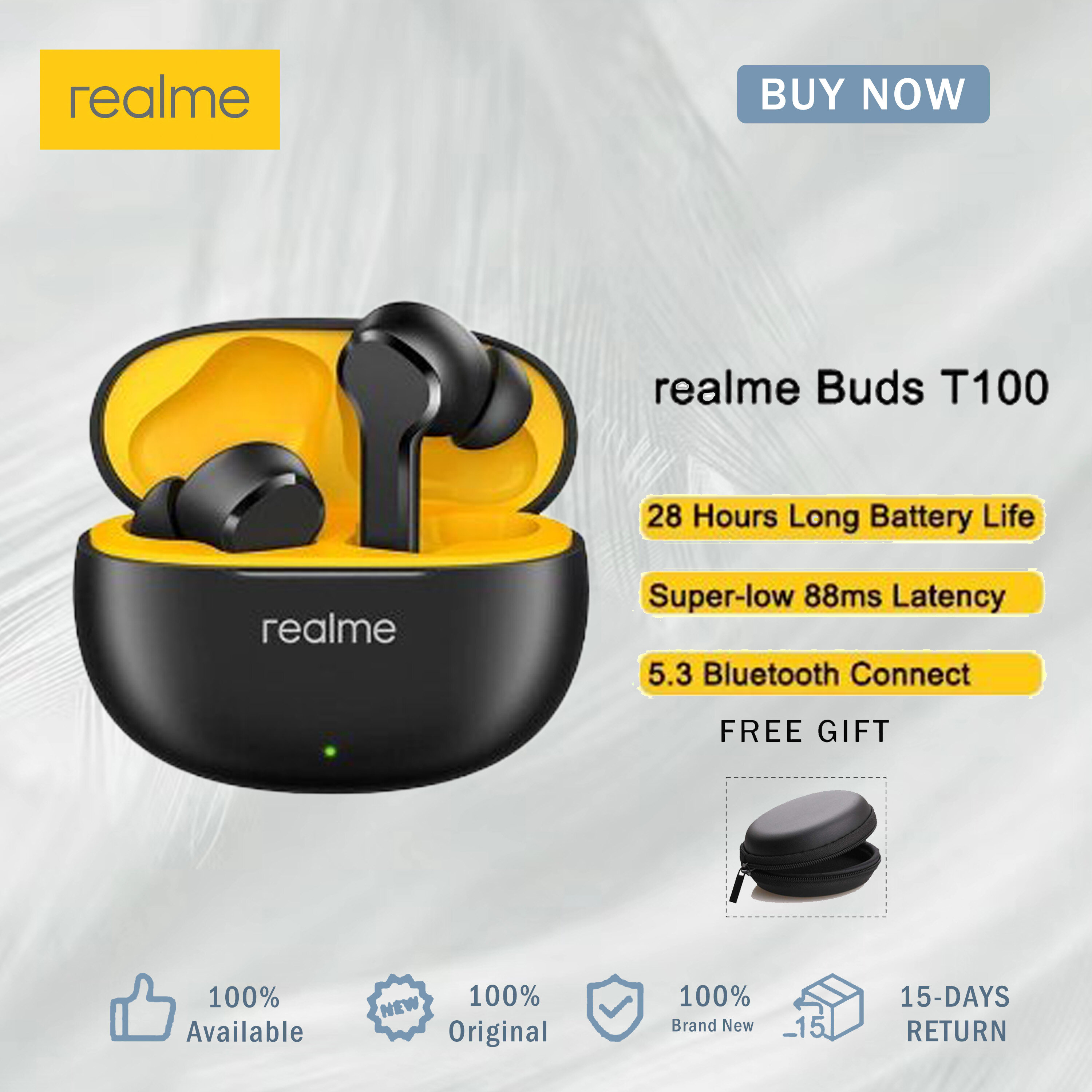 Realme Buds T100 Bluetooth 5.3 earphones for call noise reduction and ultra long endurance IPX5 waterproof earphones ราคา 1,199 บาท*ส่งฟรี