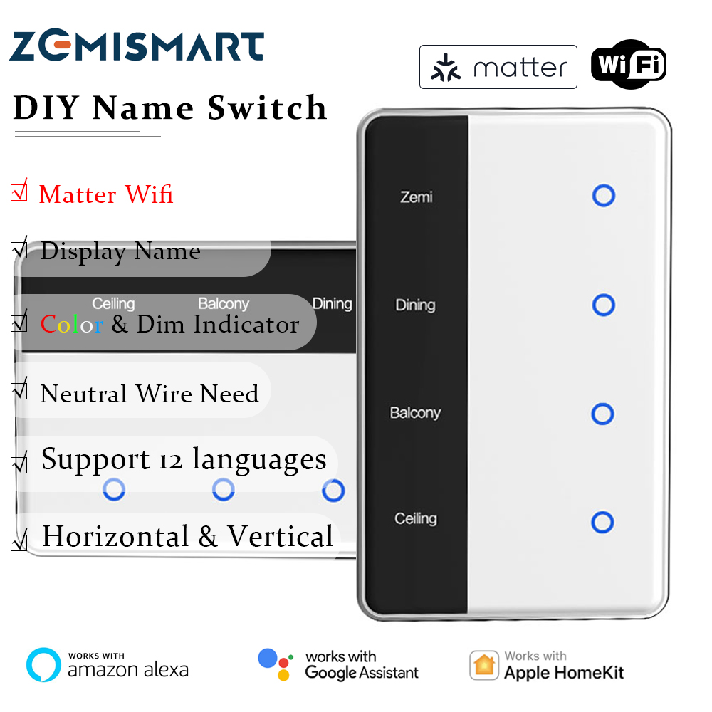 Zemismart Matter WiFi Custom Name Screen Display Switch,DIY Name US Switch with Induction Wake-up Button Display Screen Works with Tuya Homekit Smartthings Google Home ราคา 878 บาท*ส่งฟรี