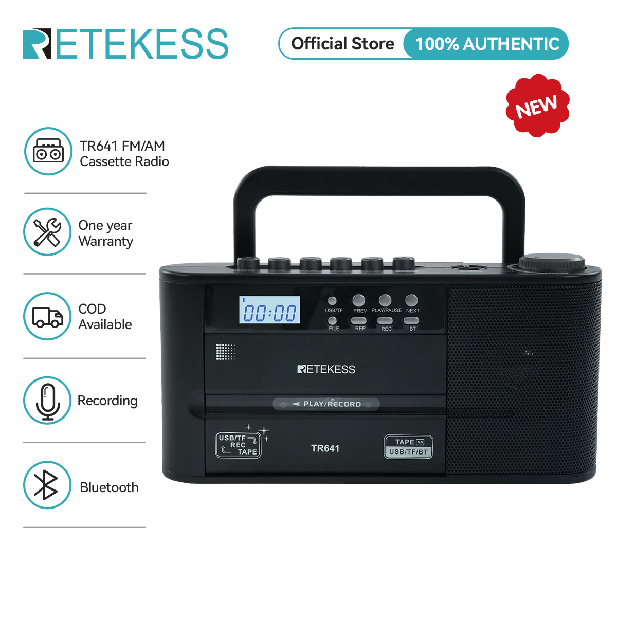 Retekess TR641 Cassette Player Radios Portable FM/AM Radios Recorder, Long Battery Life, High-Quality Radios, Tape Player, Supports Bluetooth and Built-in/external Microphone Recording (Black) ราคา 1,251 บาท*ส่งฟรี