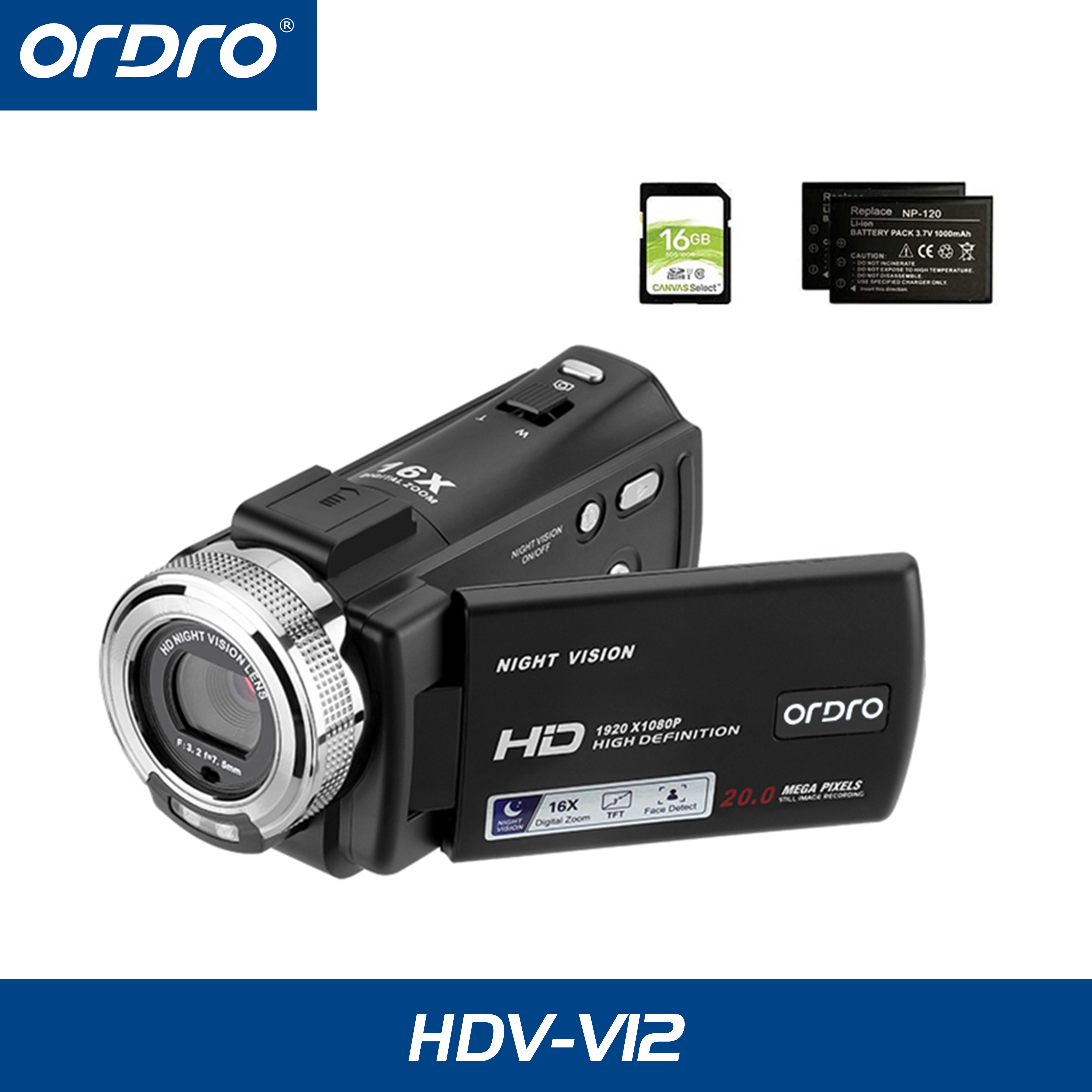 Ordro hdv-v12 máy quay video kỹ thuật số hd 1080p máy quay tầm nhìn ban đêm ir máy quay video thu phóng kỹ thuật số 16x màn hình lcd 3''