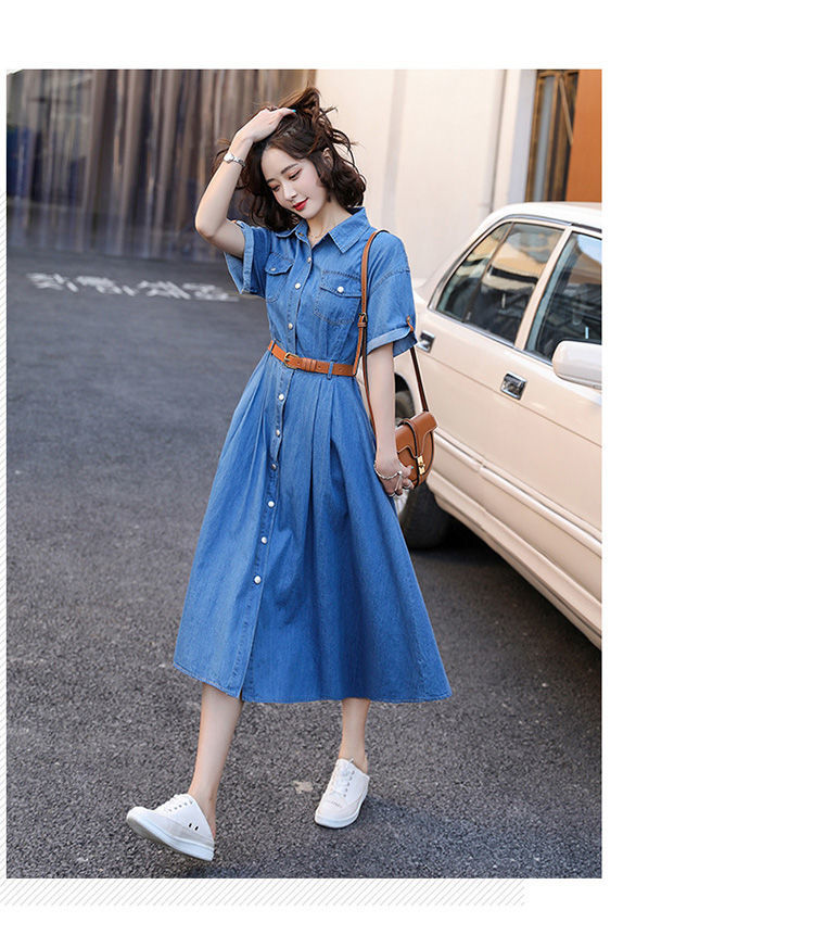 korean clothes denim dress Stylenanda] High Waist A-Line Denim Dress