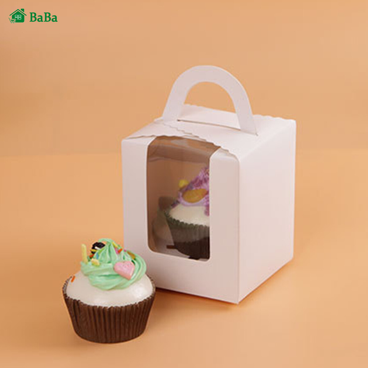 Gambar BaBa 50pcs Cupcake Box with Window and Handle Cake Carrier Small Cake Gift Container Cupcake Box with Window and Handle Cake Carrier Small Cake Gift Container for Bakery Wedding Party Birthday Supply 50pcs