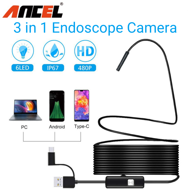Type-C USB Waterproof Endoscope Suitable For OTG/UVC Android Phone With 6 LED Lights (10 Feet)  Windows PC Macbooks 5.5/7.0MM 0.21 Inch Detection Snake Camera 16.4 Feet Semi-Rigid Cable Camera - ยี่ห้อ ANCEL ราคา 160 บาท*ส่งฟรี
