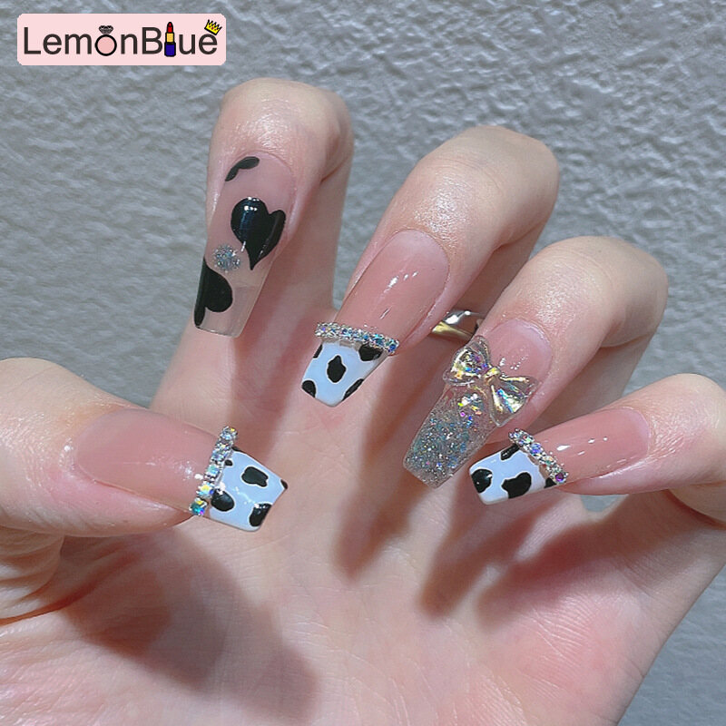 Gambar LemonBlue 24pcs Cow Pattern Nail Patch Glue Type Removable Long Paragraph Fashion Manicure False Nail Patch Long Paragraph Fashion 24pcs Glue Type Removable Manicure Save Time Cow Pattern Nail Patch