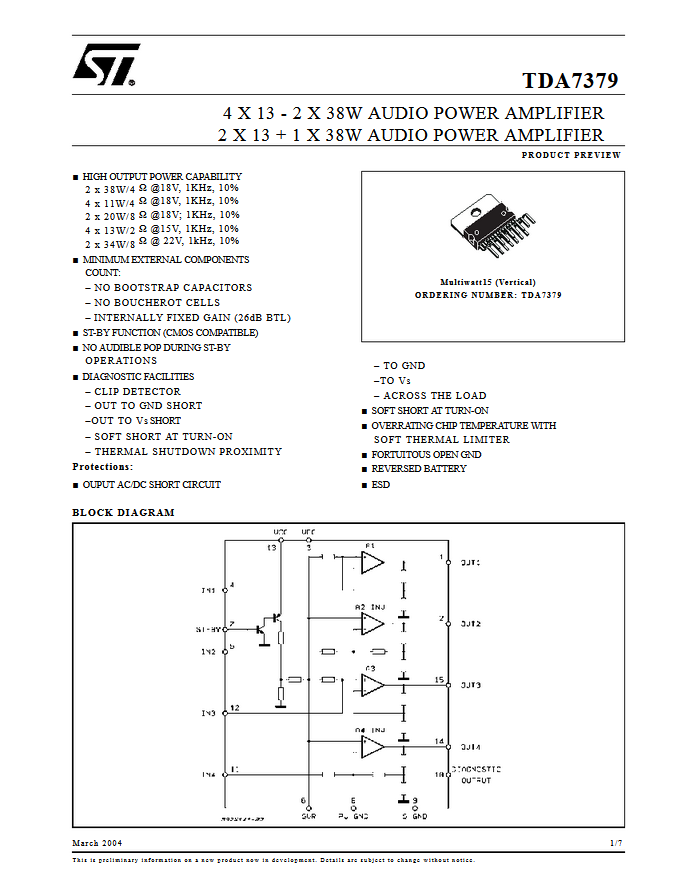 TDA7379 Audio Power Amplifier IC Chip - 1 Piece Original ST Replacement Component