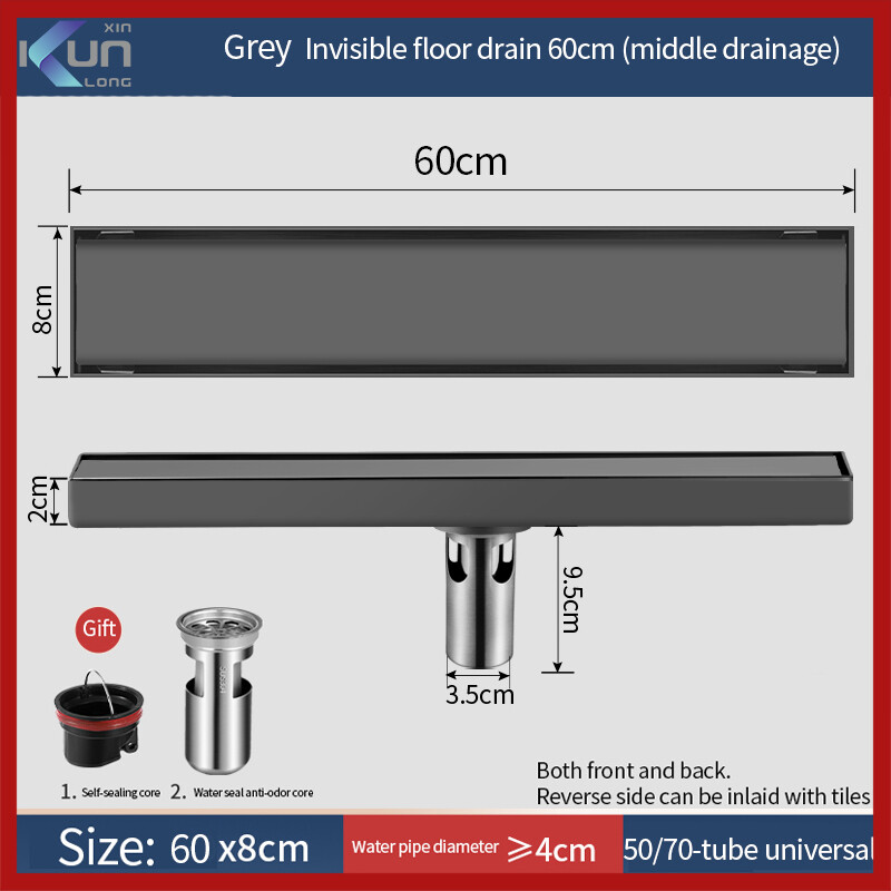 Xinkunlong K8225A/B-60 Grey Invisible Floor Drain Rectangle Bathroom Bathroom Anti-Odor 304 Stainless Steel Shower Rectangular Lengthen 60CM ราคา 1,415 บาท*ส่งฟรี