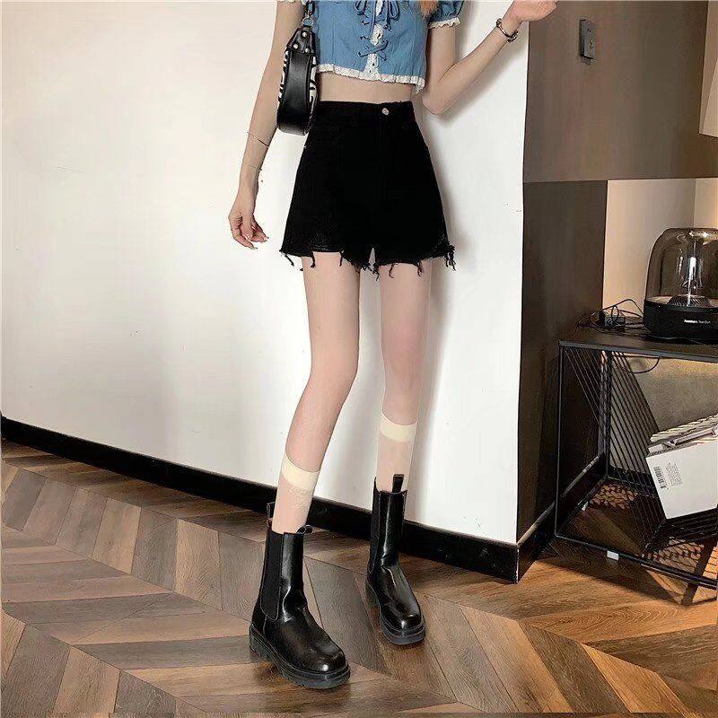 Large size denim shorts women's summer hot girl 2022 new thin loose and thin A-line raw edge black high waist hot pants