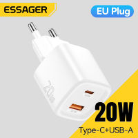 Essager ที่ชาร์จไฟรวดเร็ว USB ชาร์จชนิด C USB-A PD20W USB เครื่องชาร์จเร็วประเภท C ชาร์จได้พอร์ตคู่ A + C สำหรับ IPhone16 15 14-5 Samsung Huawei Xiaomi iPad แท็บเล็ตพัดลม PD20W A + C ที่ชาร์จเดินทางชาร์จเร็ว