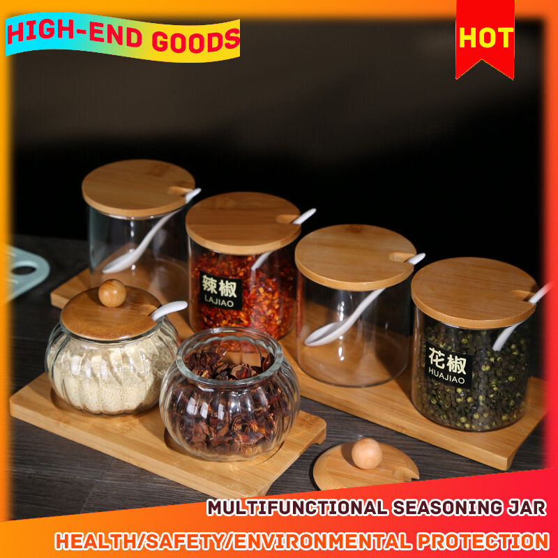 Gambar ?100% Quality Assurance?Creative Glass Seasoning Bottle Seasoning Jar Set Household Flavor Essential Oil Salt Jar Seasoning Ceramic Seasoning Box Kitchen Supplies