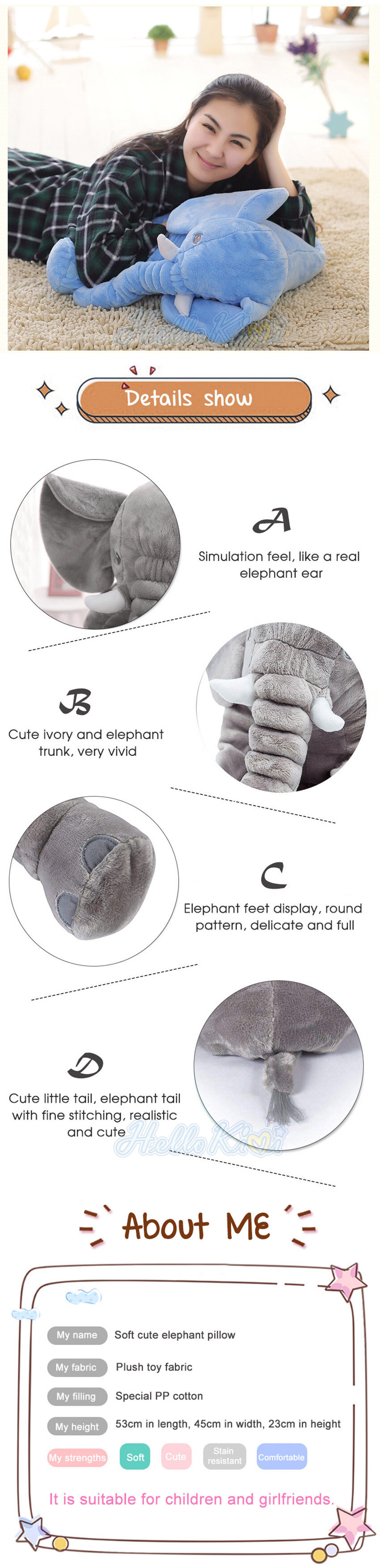 thú nhồi bông hellokimi hình chú voi cỡ lớn làm bằng vải mềm lông ngắn có 3