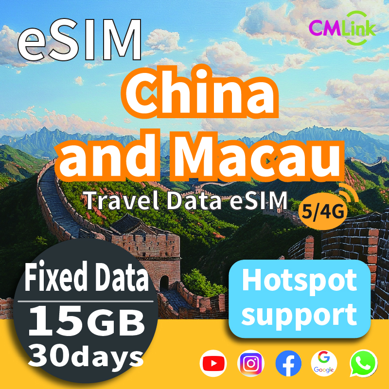 China and MC Travel eSIM Card: 5-15GB High-Speed Unlimited Data for 6-30 Days, , Prepaid 4G/5G LTE (QR Code Sent to Your Email） ราคา 269 บาท*ส่งฟรี