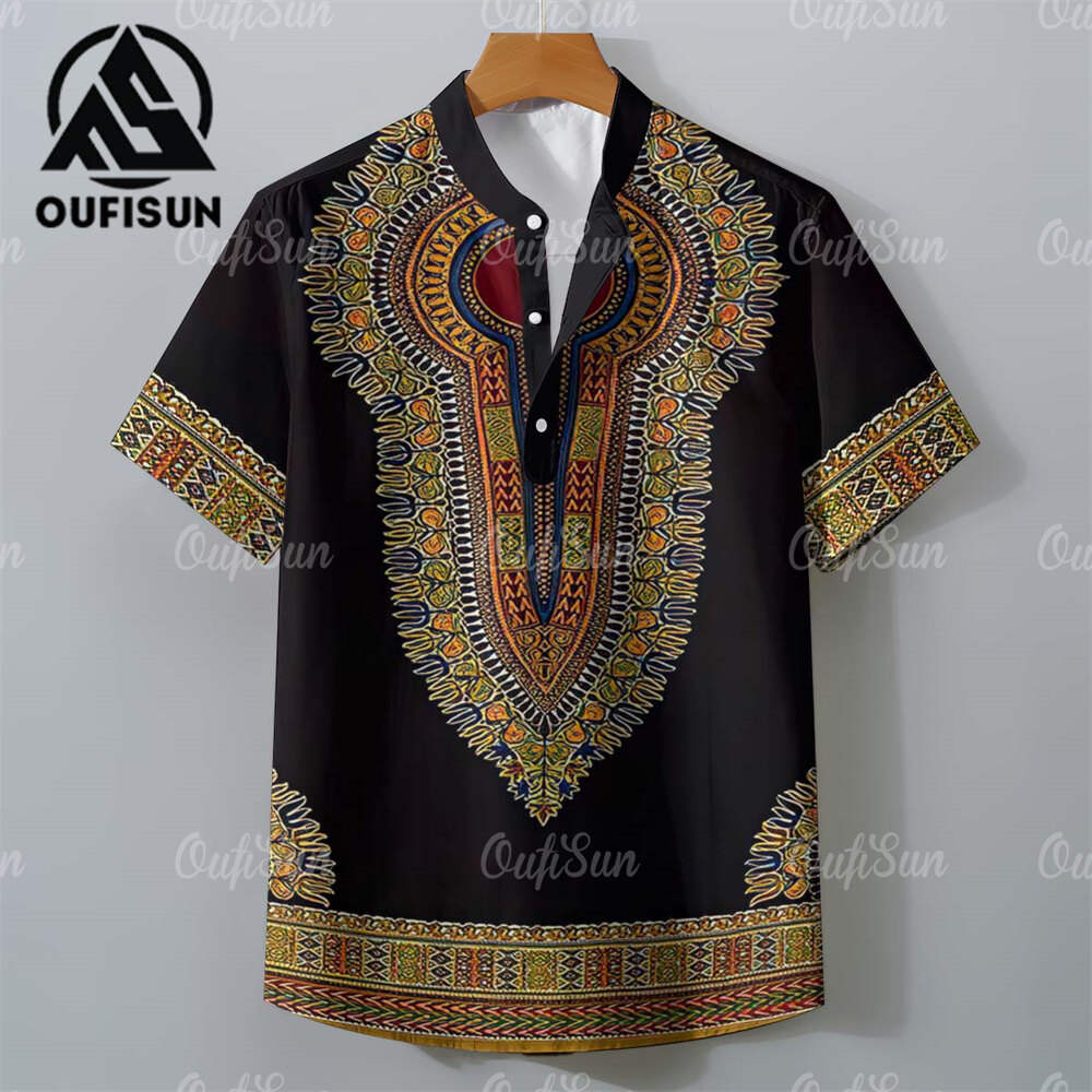 Oufisun Áo sơ mi cổ điển cho áo sơ mi Hawaii cho nam Áo sơ mi cổ chữ V quá khổ Áo sơ mi Bohemian quần áo nghỉ dưỡng cho nam đơn giản