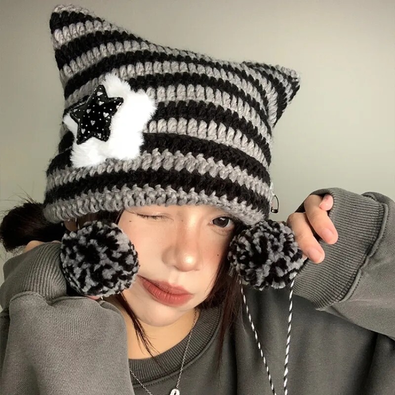 Mordelar Women's Y2K Devil Stripes Knitted Beanie - Cat Ear Slouchy Winter Hat With Faux Fur Pompom