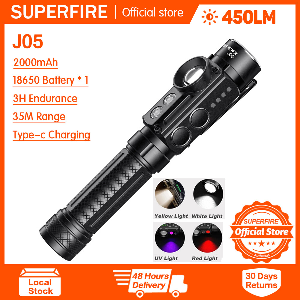 SUPERFIRE Đèn pin J05 LED cầm tay đèn pin hai màu nguồn ánh sáng đèn pin đa chức năng ánh sáng nhôm chống thấm nước hợp kim ngoài trời cầm tay ngọn đuốc đèn pin sạc điện