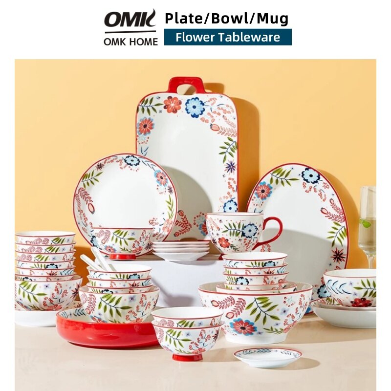 OMK Nordic style underglaze color tableware dining set ceramic dinner plate bowl mug spoon soy sauce dish breakfast cup ราคา 80 บาท*ส่งฟรี