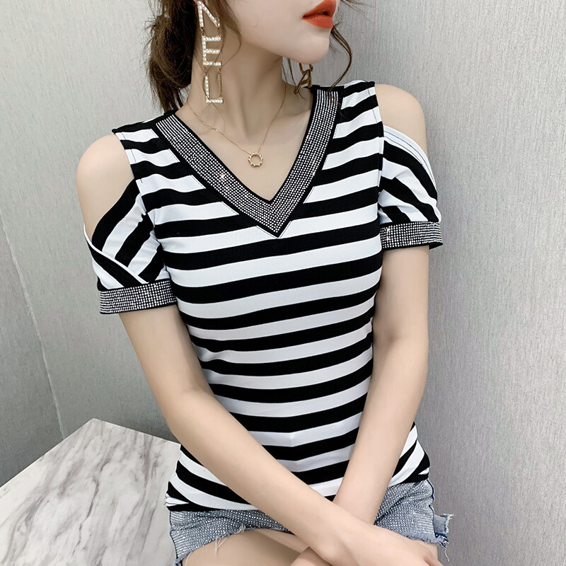 YIMEI Áo Thun Kẻ Sọc Tay Ngắn Thời Trang Mới Mùa Hè 2023 ÁO TRỄ VAI Quyến Rũ Phong Cách Phương Tây Cho Nữ Áo Thun Kim Cương Khóa Trái Tim