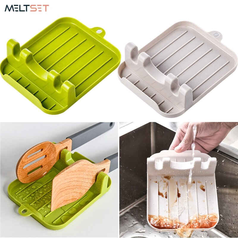 Gambar Round Kitchen Spoon Holder Organizer Plastic Spoon Rest Fork Spatula Chopsticks Rack Non slip Spoons Pad Kitchen Cooking Tools