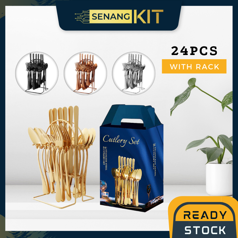 Gambar ?NEW? Dinnerware 24PCS Kitchen Cutlery Flatware Set Sudu Pisau Stainless Steel Tableware Gift Set Rose Gold Knife Fork Spoon