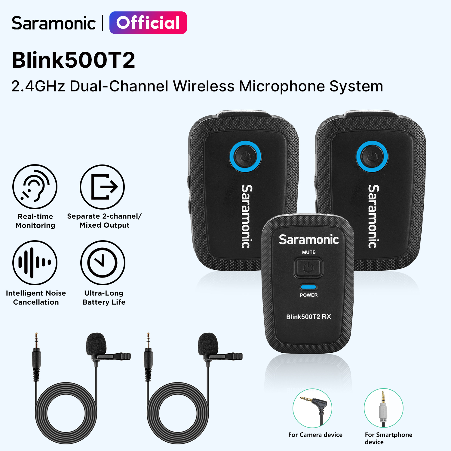 Saramonic Blink500T2 Wireless Microphone Lavalier Lapel Mic Real-Time Monitoring Mini Microphone for Vlogging iPhone iPad Android DSLR Camera Smartphone Laptop Tablet ราคา 7,000 บาท*ส่งฟรี