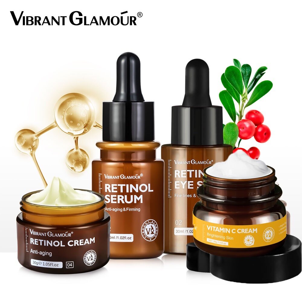 Gambar VIBRANT GLAMOUR Natural Retinol Sets Face Cream+Facial Serum+Eye Serum+Vitamin C Cream with Hyaluronic Acid 2.5% Retinol Anti Aging Whitening Fine Lines Wrinkles 4 Pieces