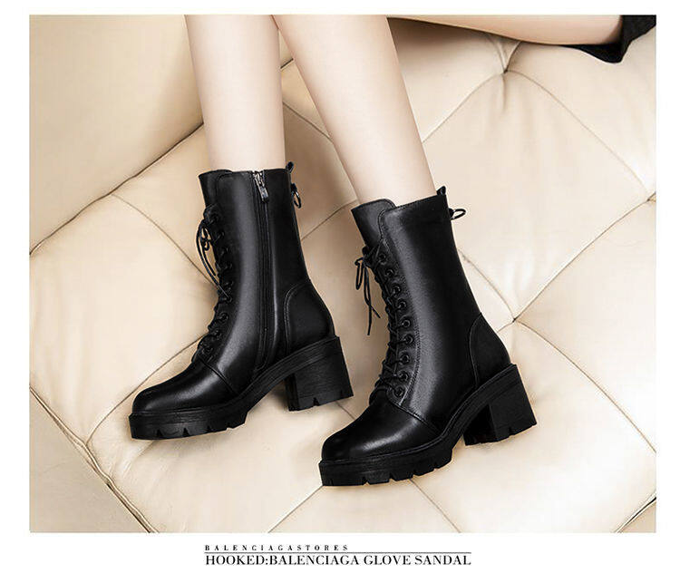 2020 new Martin boots women thick heel lace up mid-tube boots women flat bottom autumn and winter shoes mid thick heel non-slip military boots