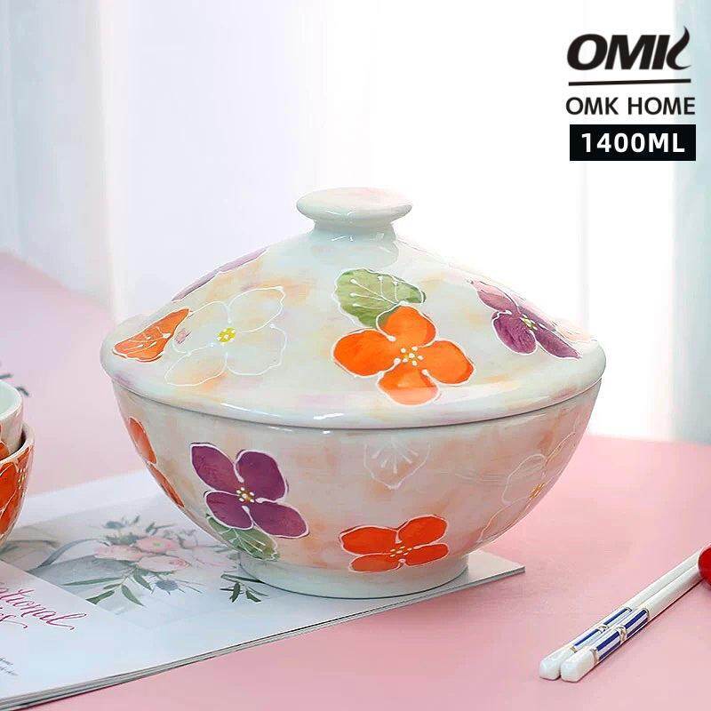 OMK Japanese Style Hand painted Ceramic 1400ML Soup Bowl Serving Bowls With Lid Salad Bowl
