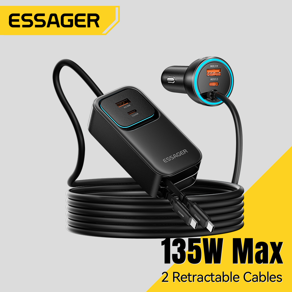 Essager 135W 6-ports Rear-Seat Car Charger Built-in Dual Type-C Retractable Flexible Stretchable Cable 30W USB-A+45W Type C Fast Charging Built-in Socket Extension Cable Car Charger For iPad iPhone17 16 15 Huawei Samsung Xiaomi Switch Tablet Giá 900,923 Đồng*Miễn phí vận chuyển