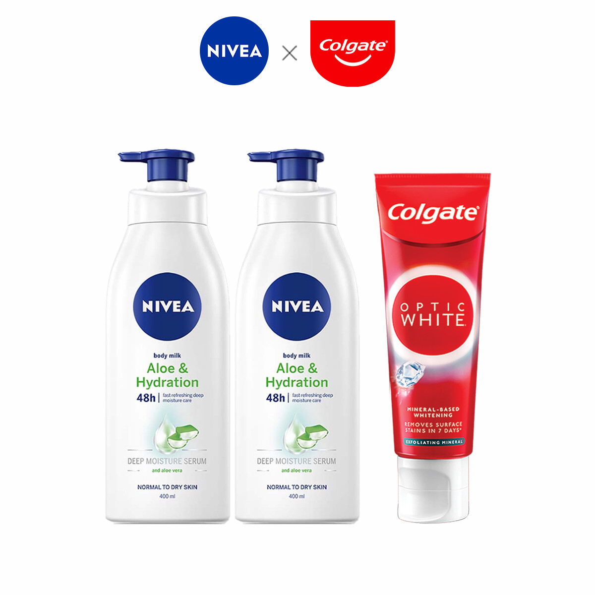 Gambar NIVEA Aloe   Hydration Body Lotion 400ml x2 + Colgate Optic White Exfoliating Mineral 100g