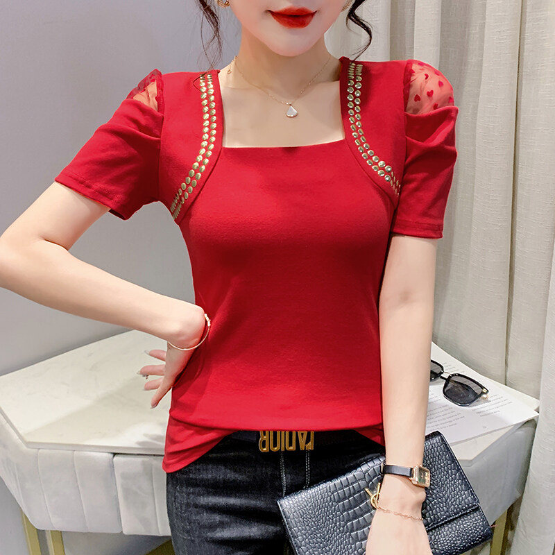 YIMEI Áo Thun Cotton Lớn Áo Thun Tay Phồng Lưới Thời Trang Thiết Kế Mới Mùa Xuân 2023 Áo Kim Cương Khoét Lỗ Tay Ngắn Đa Năng Phong Cách Phương Tây Cho Nữ