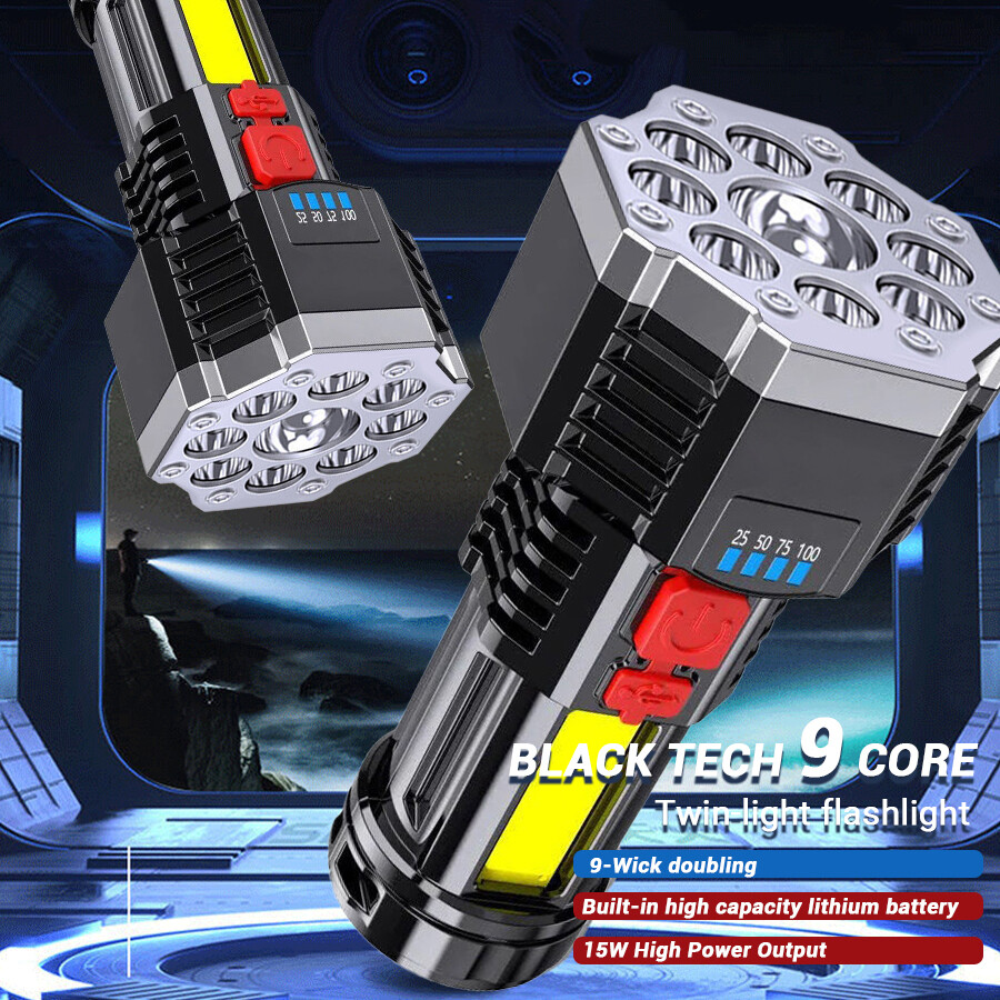 Đèn pin siêu sáng 9 Led ngoài trời di động sạc Pin đèn pin đa chức năng đèn LED chống nước Spotlight với đèn COB đèn chỉ báo công suất