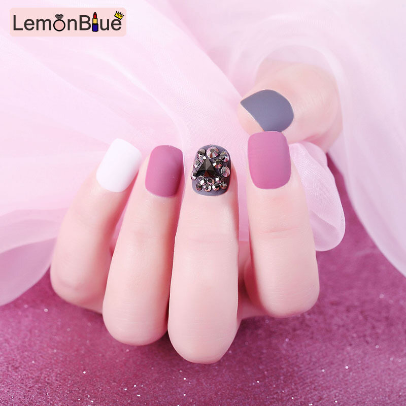 Gambar LemonBlue 24pcs Stylish and Durable Black Auburn Diamond Personalized Short Fake Nail Patch Polish Web Celebrity Nail Patch