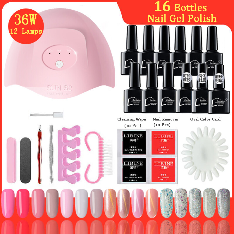 Gambar ?Stock Stok Sedia Ada? Pilih Nail Polish Art Tools Set Nail Polish Machine   36W UV LED 12 Lamps Waterproof Fast Dryer terapi mesin 14 Warna Nail Polish Gel Alat Kuku DIY Alat cat kuku Set untuk Wanita   Gadis