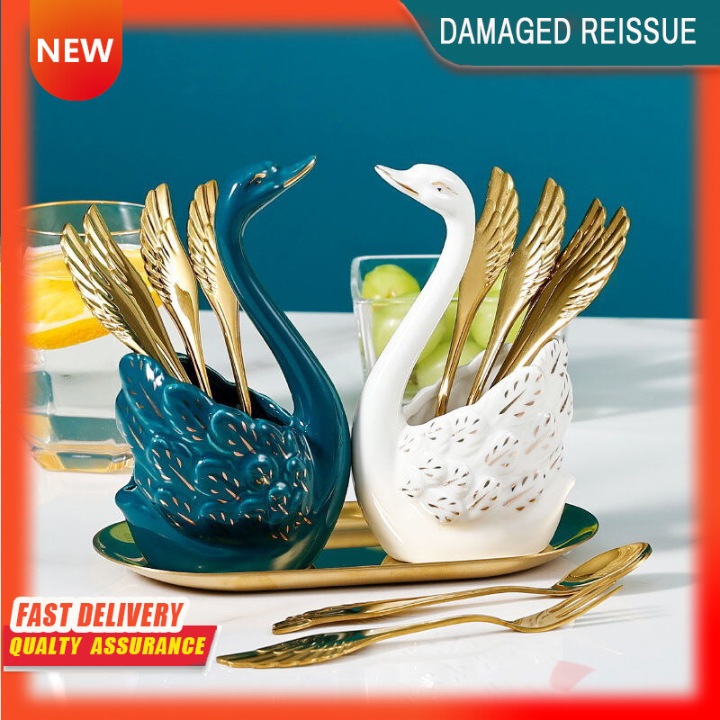 Gambar Ceramic Stainless Steel Cygnus Fruit Fork Set Home Cute European Luxury Dessert Cake Small Fork