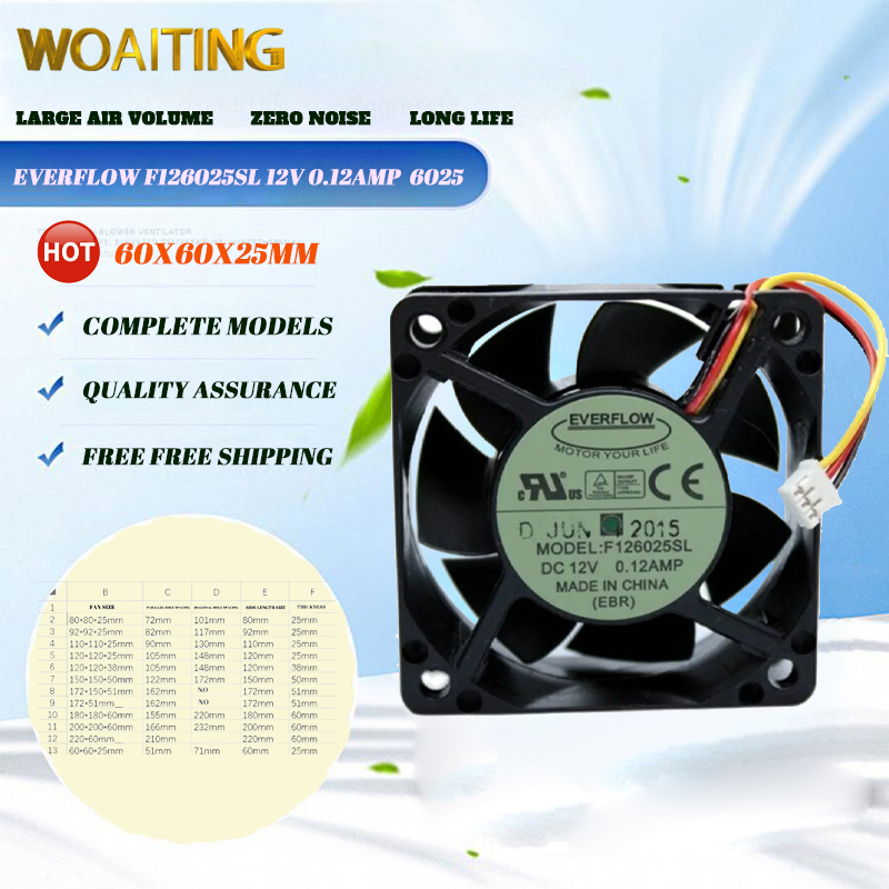 Everflow F126025SL Cooler Fan 12V 0.12AMP 6025 For PWM 6CM Main Box CPU Cooling Fan 60x60x25mm Server Axial Radiator Fan Giá 348,000 Đồng*Miễn phí vận chuyển