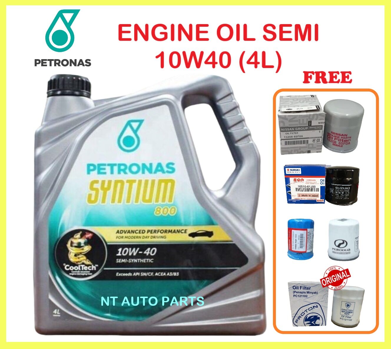 COMBO PACKAGE Petronas Syntium 800 10W40 10W-40 Semi Synthetic SN/CF Engine Oil 4L FOC Oil Filter