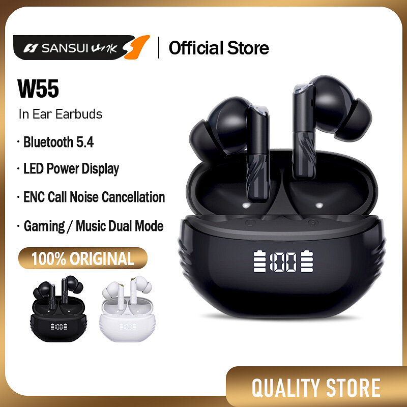SANSUI W55 Bluetooth 5.4 In-Ear Wireless Earbuds With ENC Noise Cancellation Headsets LED Power Display Dual Music/Gaming Modes & Immersive Hi-Fi Surround Sound Headphones ราคา 299 บาท*ส่งฟรี