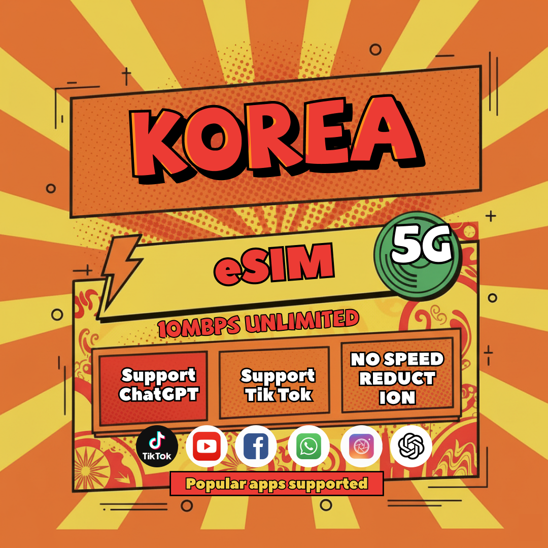 Korea eSlM 3-30 Days Daily 1GB/2GB/3GB/4GB Unlimited 4G Data Instant 24h Email Delivery High Speed Data Harga 59 Ringgit*Penghantaran Percuma